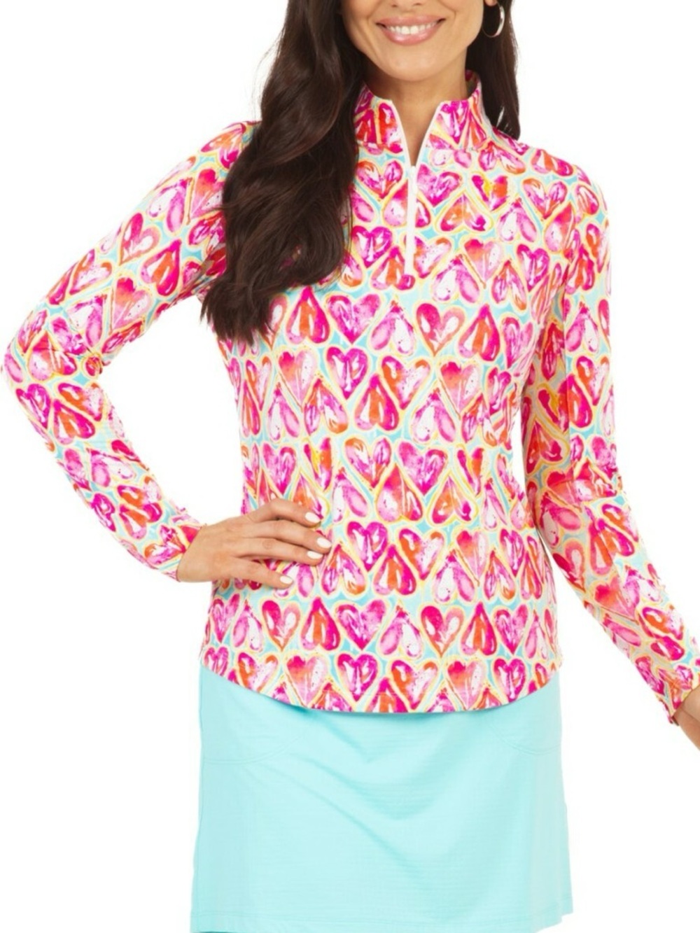 IBKUL Audrey Mock Neck 1/4 Zip Golf Top Womens Small Heart Print Long Sleeve